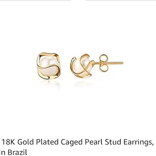 Barzel 18K Gold Plated Caged Pearl Stud Earrings, 6MM - Made In Brazil | Amazon (US)