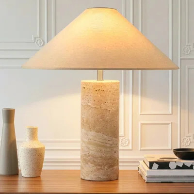 Runo 14 In. Modern Led Table Lamp With Fabric Drum Shade, Natural Brown Marble Base | Wayfair North America