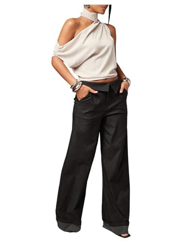 OYOANGLE Women's Sleeveless Halter Blouse Asymmetrical Neck Scarf Off The Shoulder Ruched Top | Amazon (US)