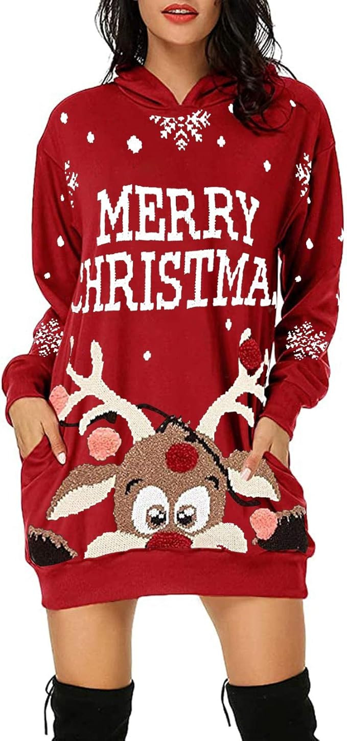 WUAI-Women Ugly Merry Christmas Sweater Dress Reindeer Snowflake Long Pullover Loose Oversize Xma... | Amazon (US)