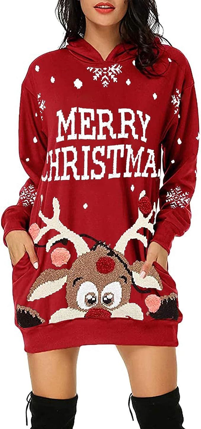 WUAI-Women Ugly Merry Christmas Sweater Dress Reindeer Snowflake Long Pullover Loose Oversize Xma... | Amazon (US)