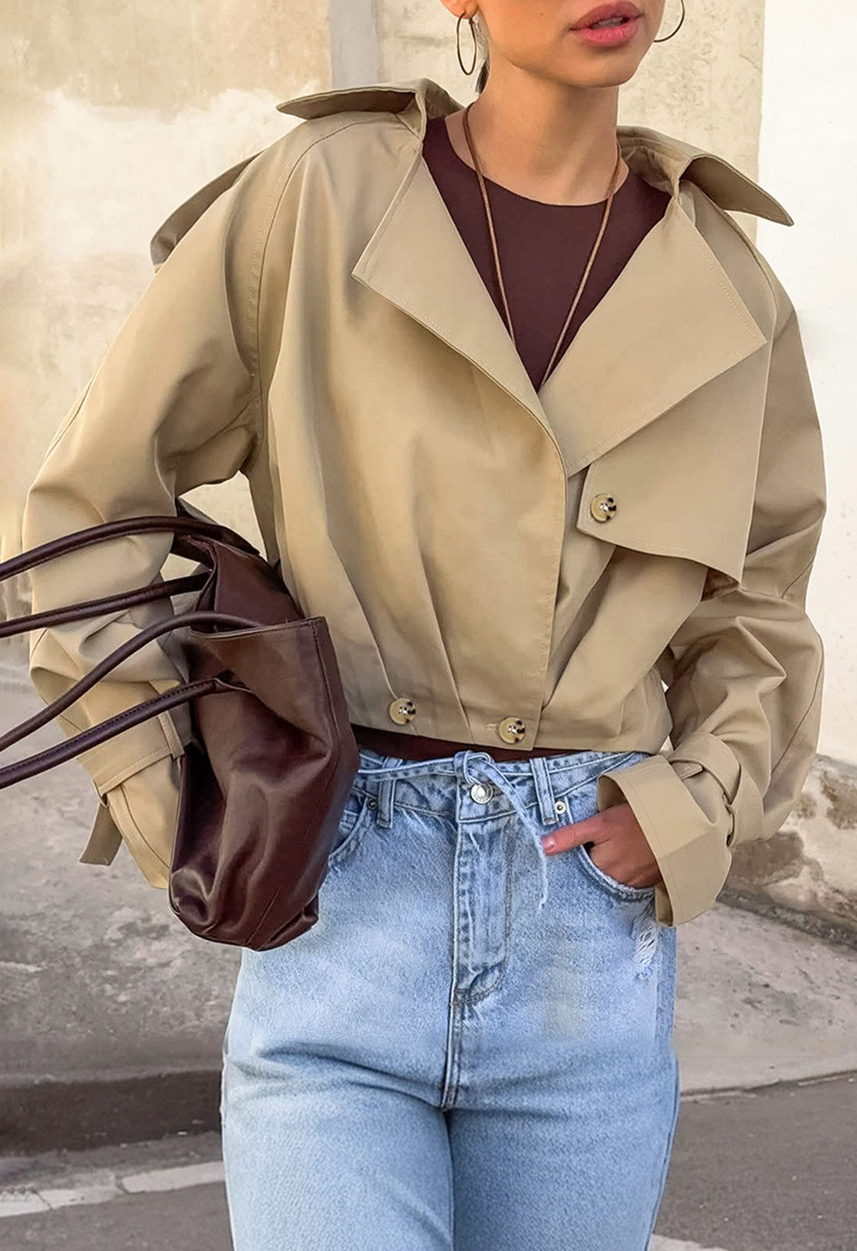 Notched Lapel Button Crop Trench Jacket | Chicwish