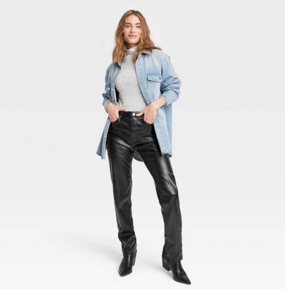 NEW!! Women's High-Rise Faux Leather 90's Straight Jeans - Universal Thread in Black with NEW embellished denim shacket and NEW mock turtleneck t-shirt 


Target, fall outfit, Target style, Target find, casual outfit 

#LTKfindsunder50 #LTKfindsunder100 #LTKstyletip