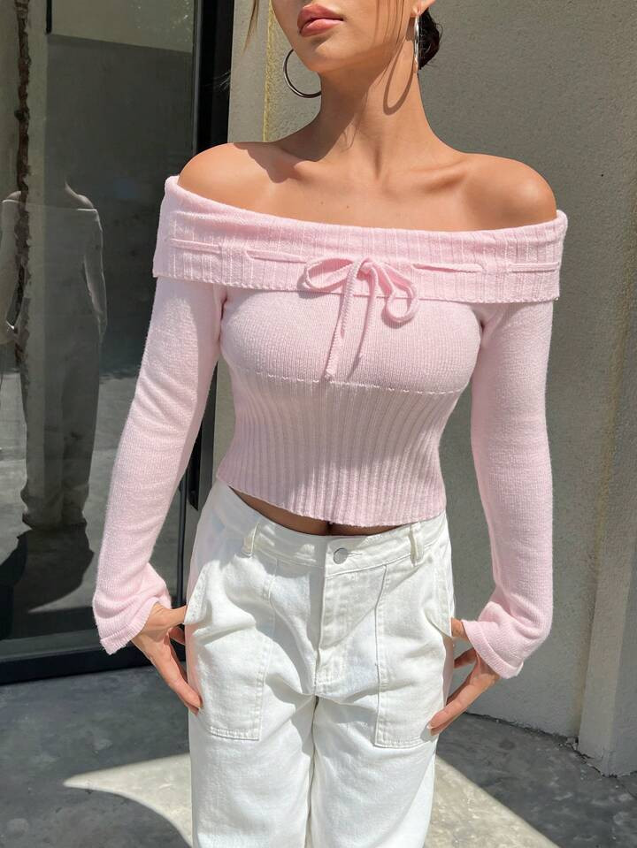 SHEIN Qutie Tie Front Foldover Off Shoulder Crop Sweater | SHEIN