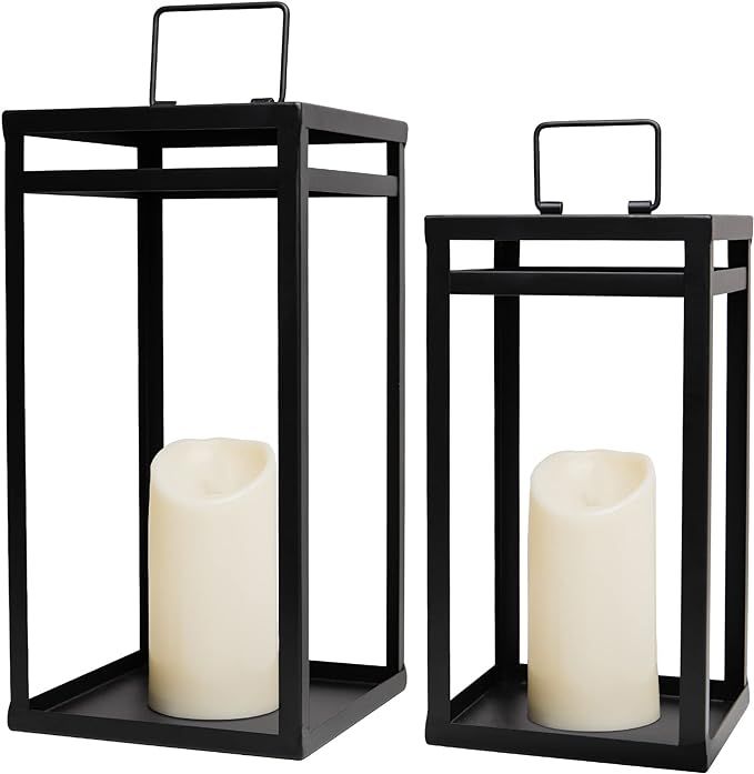 HPC Decor Black Metal Candle Lanterns Set of 2- Lanterns Decorative w/LED Timer Candles- 15.8'' &... | Amazon (US)