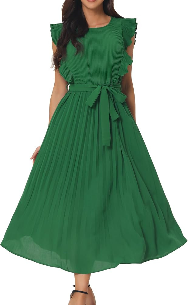 Seta T Women's 2024 Summer Casual Ruffle Sleeveless Pleated Dress Crewneck Tie Waist Flowy Midi D... | Amazon (US)