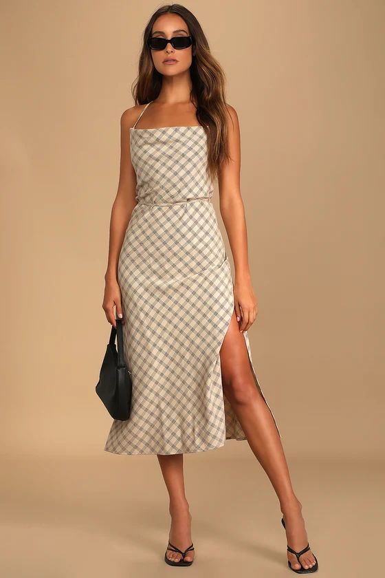 Chic City Beige Plaid Cowl Neck Midi Slip Dress | Lulus (US)