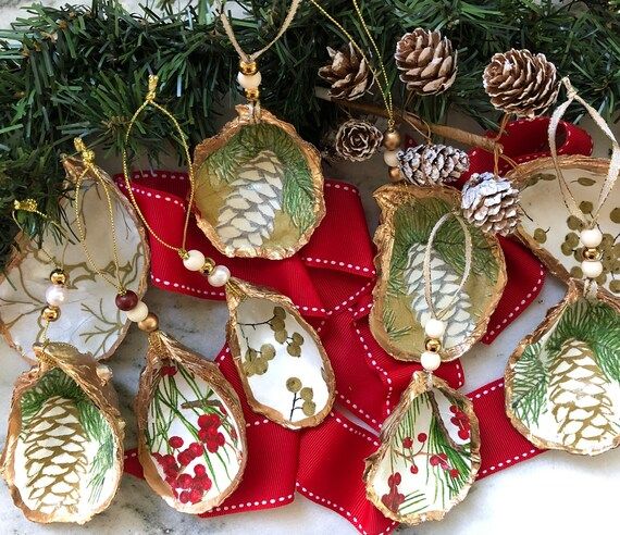 Decoupage Oyster  Holiday  Ornaments - Berries, Cardinal, Pine Cones | Etsy (US)
