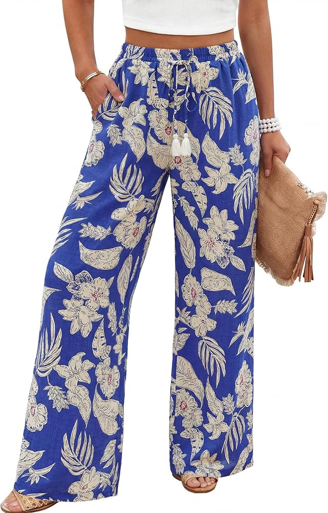 LOOKBOHO Women's Wide Leg Pants High Waisted Drawstring Loose Palazzo Pant Trendy Casual Flowy Be... | Amazon (US)