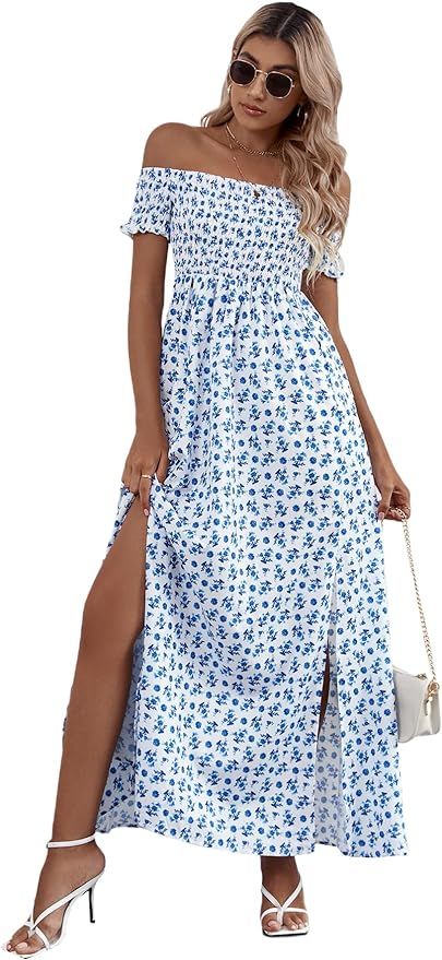 MakeMeChic Women's Casual Floral Split Off Shoulder Short Sleeve Shirred High Waist A Line Maxi S... | Amazon (US)