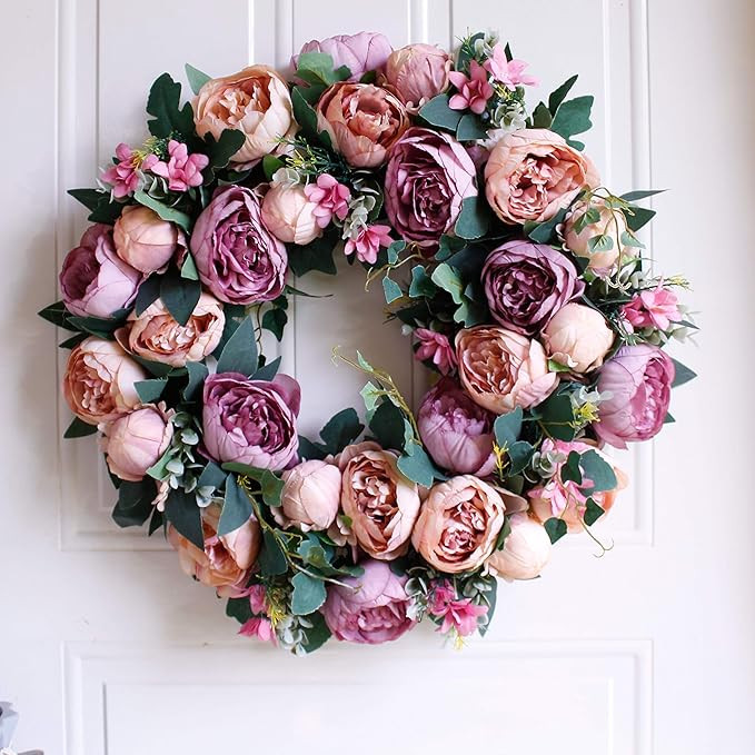 Wreath - 20”, Peony: Large Rustic Farmhouse Decorative Artificial Flower Wreath, Faux Floral Wr... | Amazon (US)