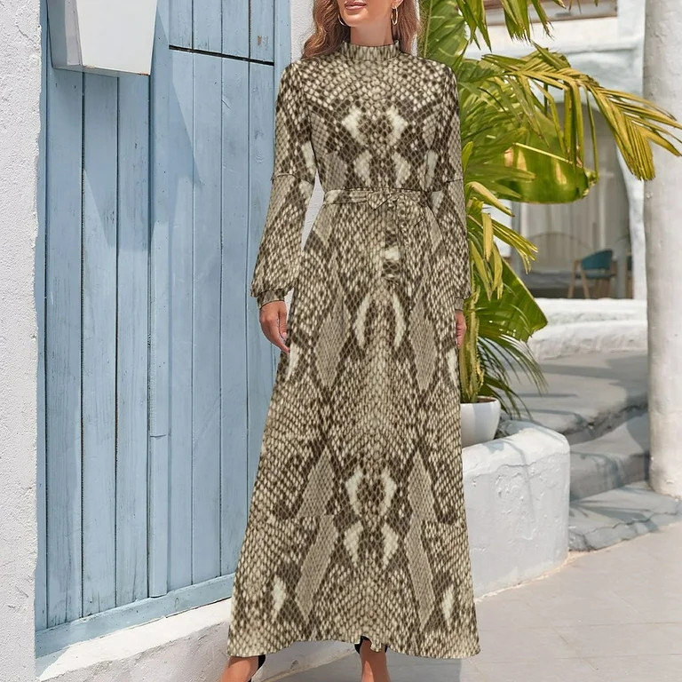 Brown Snakeskin Dress Animal Print Simple Bohemia Dresses Women Long-Sleeve High Waist Cute Long ... | Walmart (US)