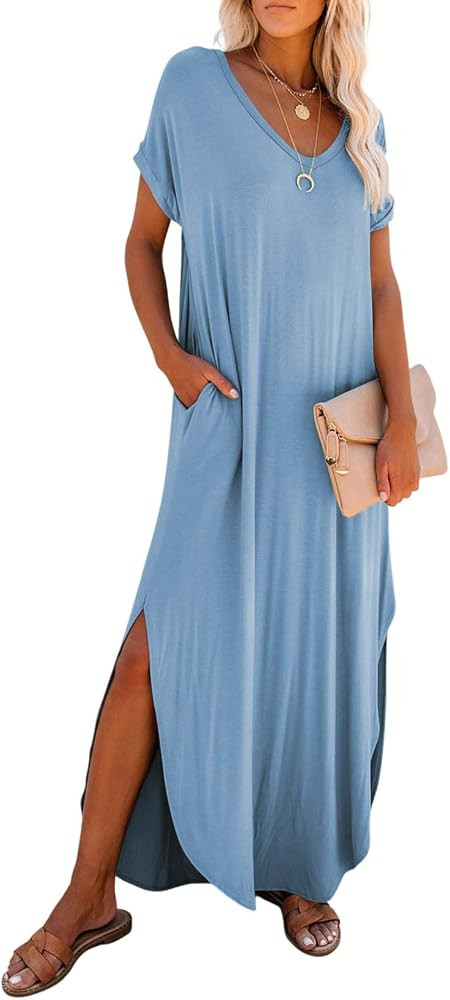 Dokotoo Womens Summer Dresses 2025 Short Sleeve Long T Shirt Dress Split Maxi Dress Beach Sundres... | Amazon (US)