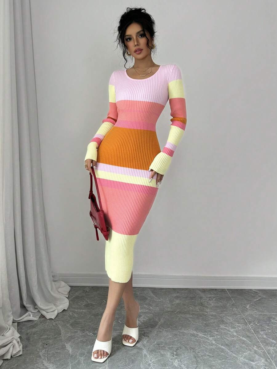 SHEIN Raffinéa Color Block Striped Long Sweater Dress For Women, Fitted Round Neck Design | SHEIN