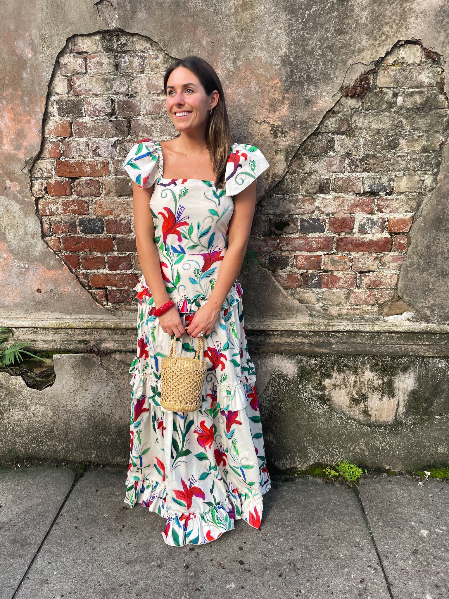 White dress. End of summer dress. Maxi dress. Ruffle sleeves. Wicker purse. Floral dress. Bride to be dress. Straw bag. Mini bag. 

#LTKSeasonal #LTKstyletip #LTKwedding