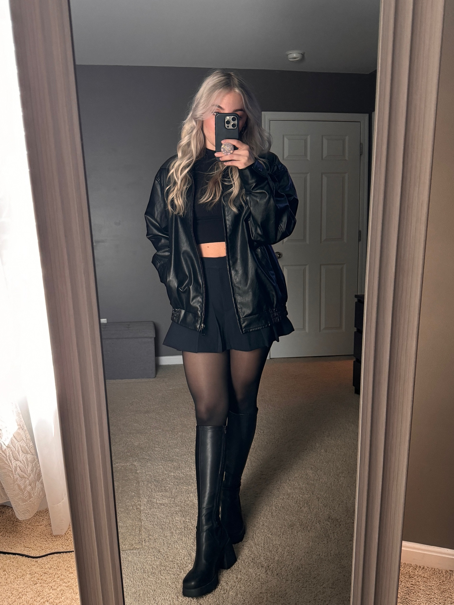 Sweater outfit, fall outfit, pumpkin patch outfit autumn aesthetic 2024, casual fall outfit, autumn vibes, fall vibes, minimalist, tall boots, thanksgiving outfit, fall vibes trendy outfit, all black outfit, leather jacket outfit, mini skirt outfit

#LTKSeasonal