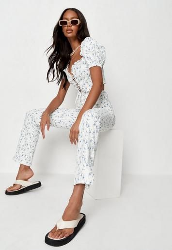 White Co Ord Floral Print Split Hem Jeans | Missguided (US & CA)