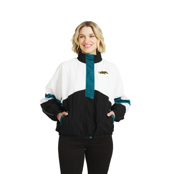 Jacksonville Jaguars WEAR by Erin Andrews Women's Throwback Crinkle Full-Zip Hooded Windbreaker Jacket - White/Black | Fanatics