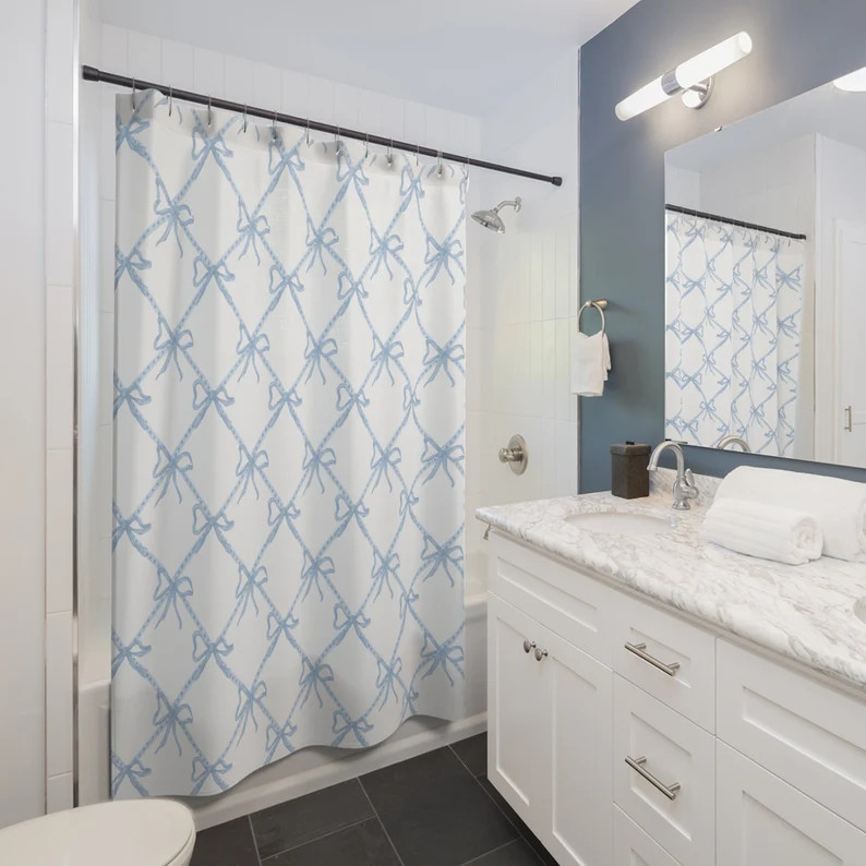 Blue and White Bow Shower Curtain Blue & White Ribbon Shower - Etsy | Etsy (US)