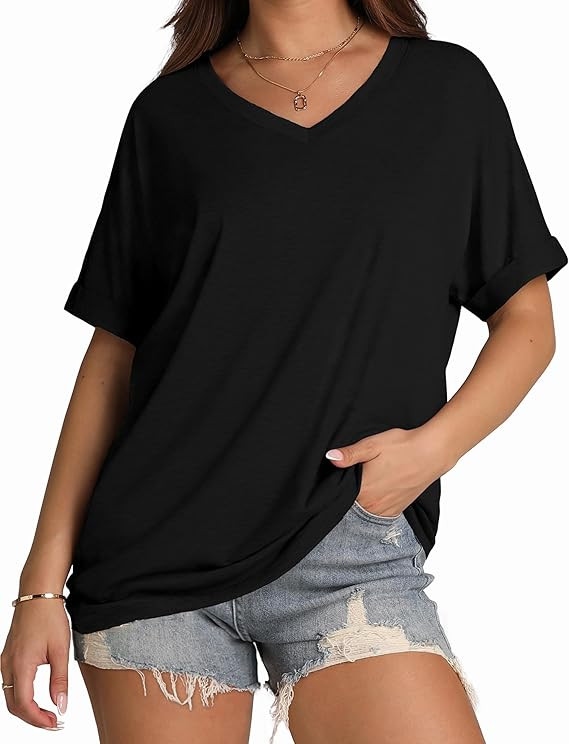 WIHOLL Womens Oversized Tshirts Summer Tops 2025 Short Sleeve V Neck Shirts Outfits Plus Size Clo... | Amazon (US)