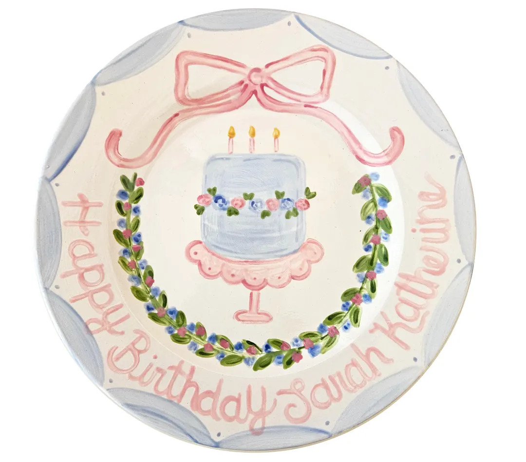 Scalloped Happy Birthday Cake Plate With Bow and Floral Accent - Etsy | Etsy (US)