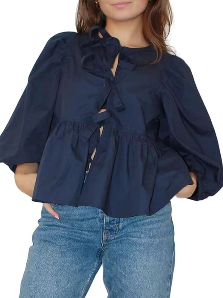 Women's Y2K Puff Short Sleeve Peplum Shirt Tie Front Ruffle Hem Babydoll Blouses Cute Teen Girls ... | Amazon (CA)