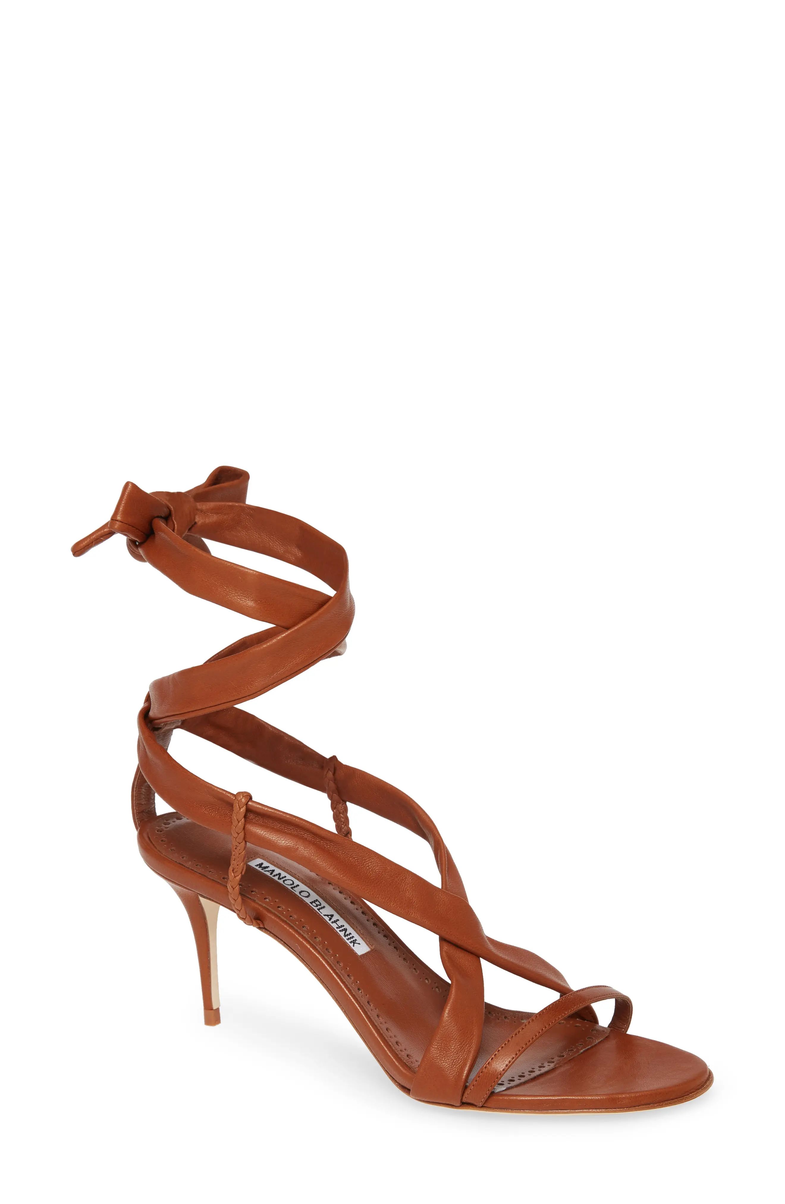 Women's Manolo Blahnik Tor Ankle Wrap Sandal, Size 8.5US / 38.5EU - Brown | Nordstrom