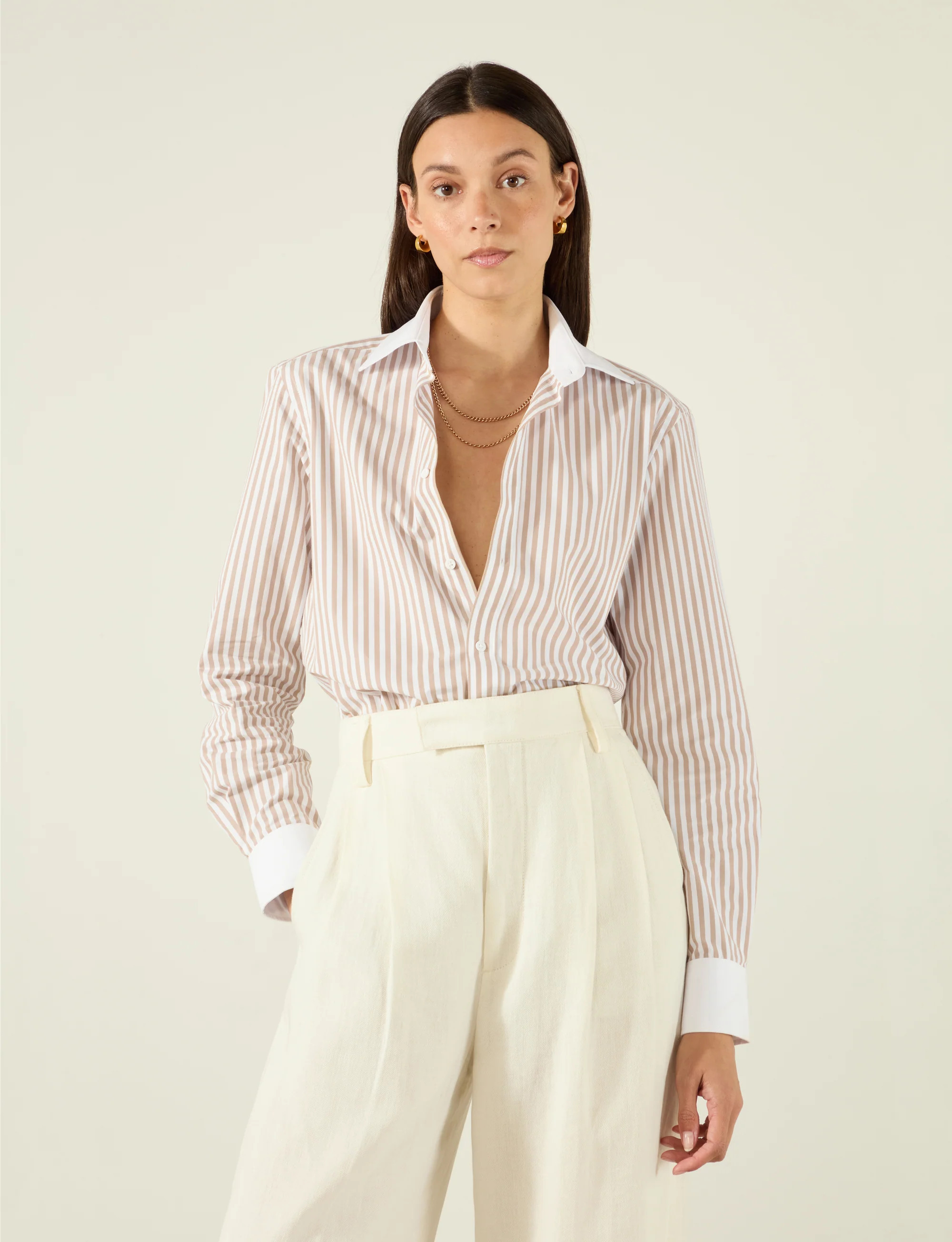 The Boyfriend Contrast: Fine Poplin, Latte Stripe | With Nothing Underneath