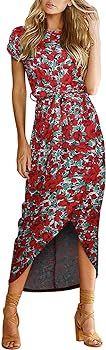 Aujelly Women's Casual Short Sleeve Slit Solid Party Summer Long Maxi Dress | Amazon (US)