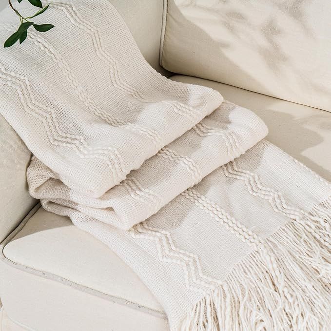 BATTILO HOME Cream Throw Blanket with Fringe Geometric Bed White Throws Spring Decorative Large T... | Amazon (US)