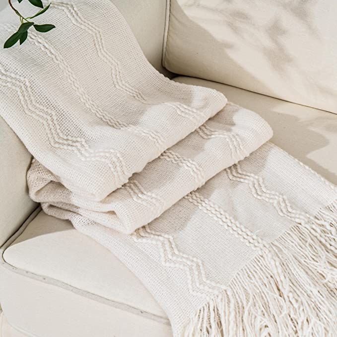 BATTILO HOME Cream Throw Blanket with Fringe Geometric Bed White Throws Spring Decorative Large T... | Amazon (US)