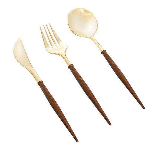 N9R 90Pcs Gold Plastic Silverware Heavy Duty, Elegant Disposable Plastic Silverware with Wood Grain Handle, Gold Plastic Cutlery Set Include 30 Forks, 30 Spoons, 30 Knives Perfect for Wedding, Party | Amazon (US)