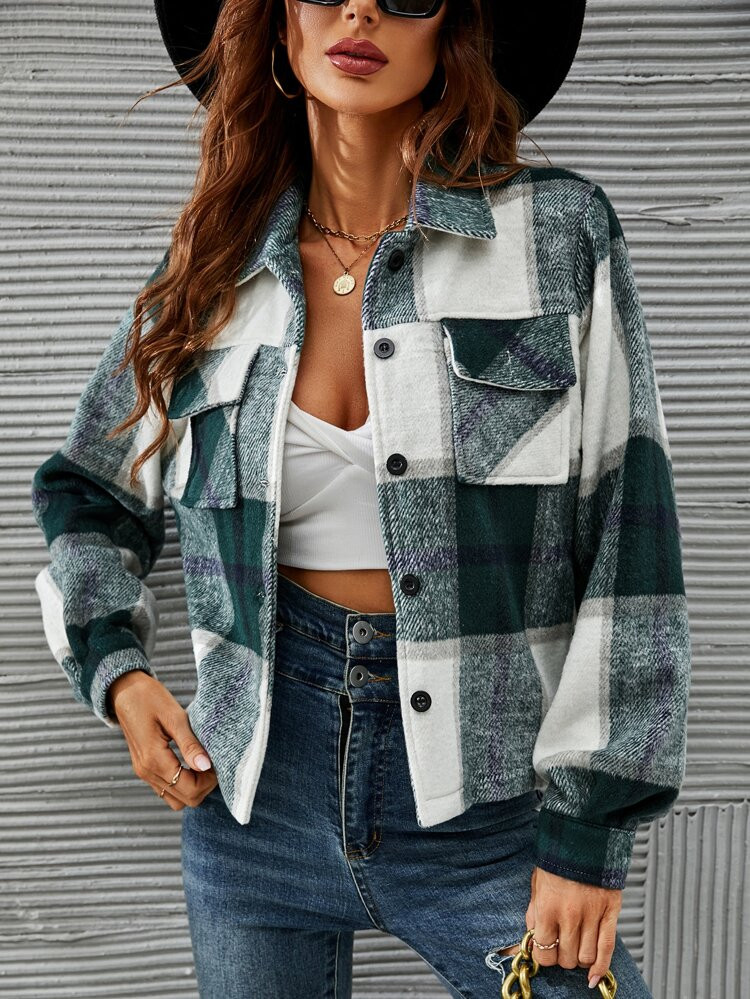 Plaid Flap Pocket Shacket | SHEIN