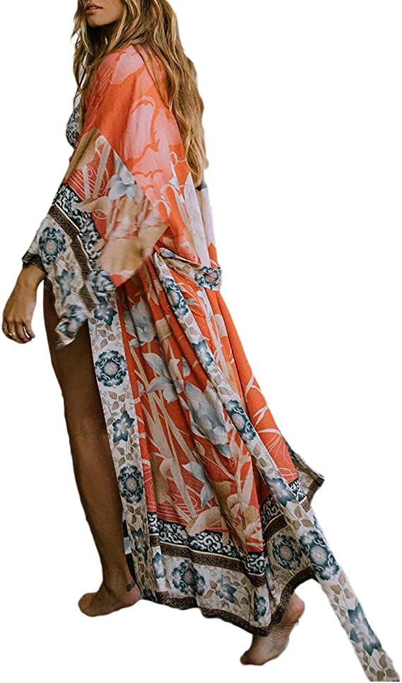 Eddoyee Print Beach Kimono Cardigans for Women Open Front Swimsuit Cover Up | Amazon (US)