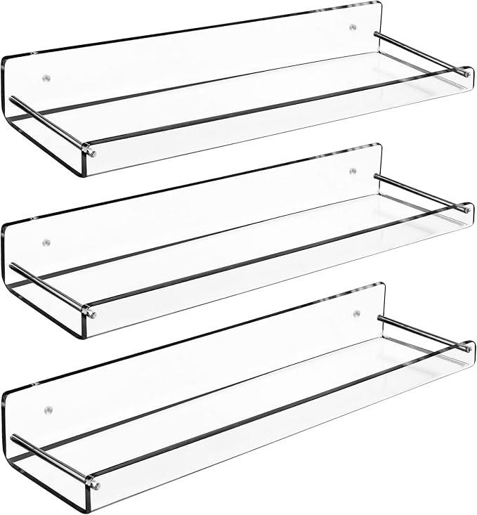 AMT 3 Pack Acrylic Floating Shelves, 15" L x 3.25" W, Clear Bathroom Wall Shelf, Bookshelves, Inv... | Amazon (US)