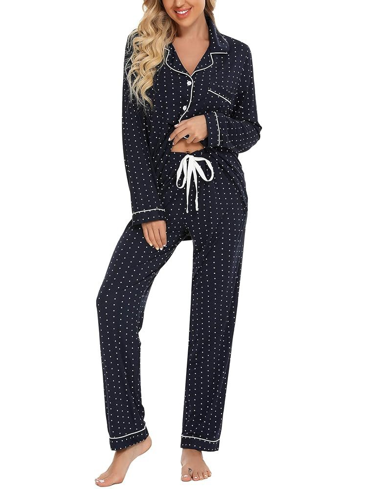 Anjue Pajamas for Women Soft Button Up Pajama Set Long Sleeve Shirt and Pajama Pants Lounge Sets ... | Amazon (US)