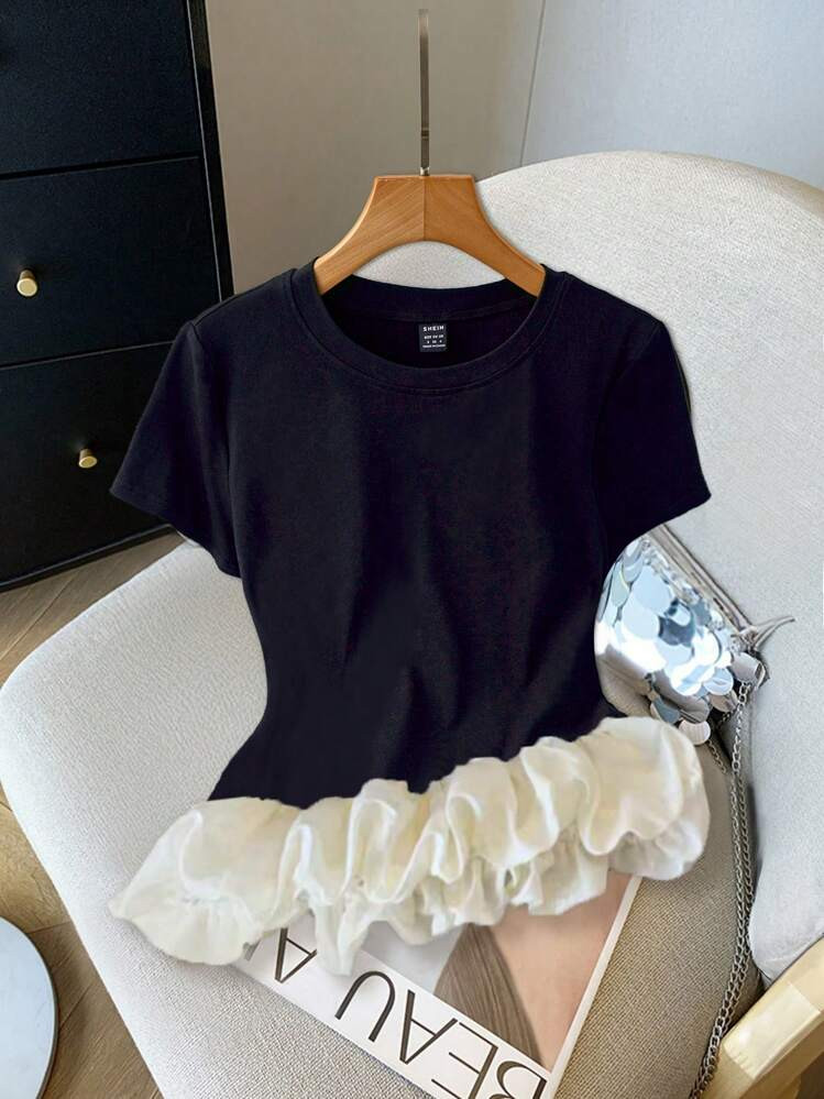 Rafferiza Women's Fashionable Short Sleeve Round Neck Knit Patchwork Bubble Hem T-Shirt, Summer | SHEIN