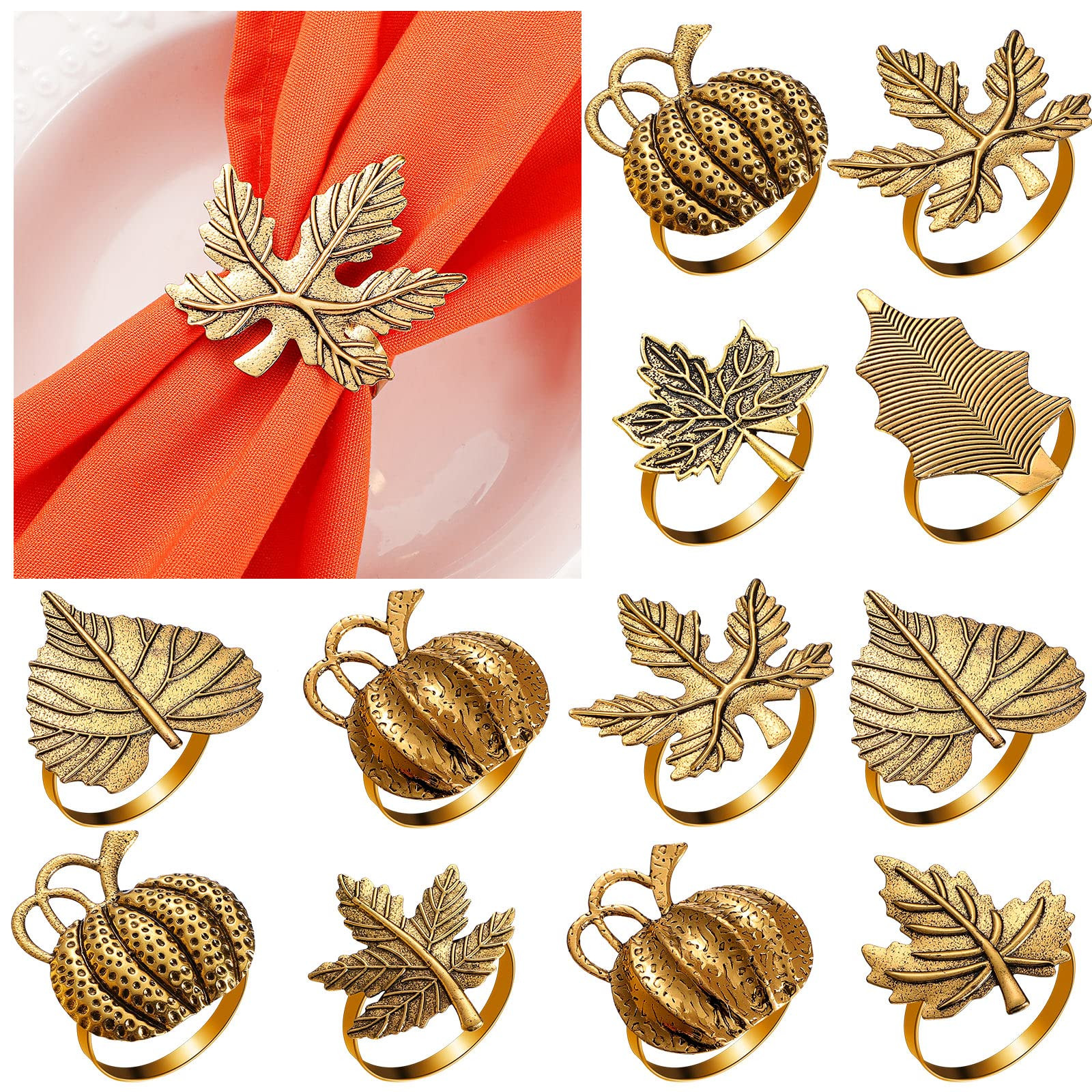 WILLBOND 12 Pcs Thanksgiving Napkin Rings Set Thanksgiving Pumpkin Leaf Themed Holders Fall Napkin Rings Alloy Design Holder Buckle for Christmas Home Party Table Decor Wedding Supplies (Golden) | Amazon (US)