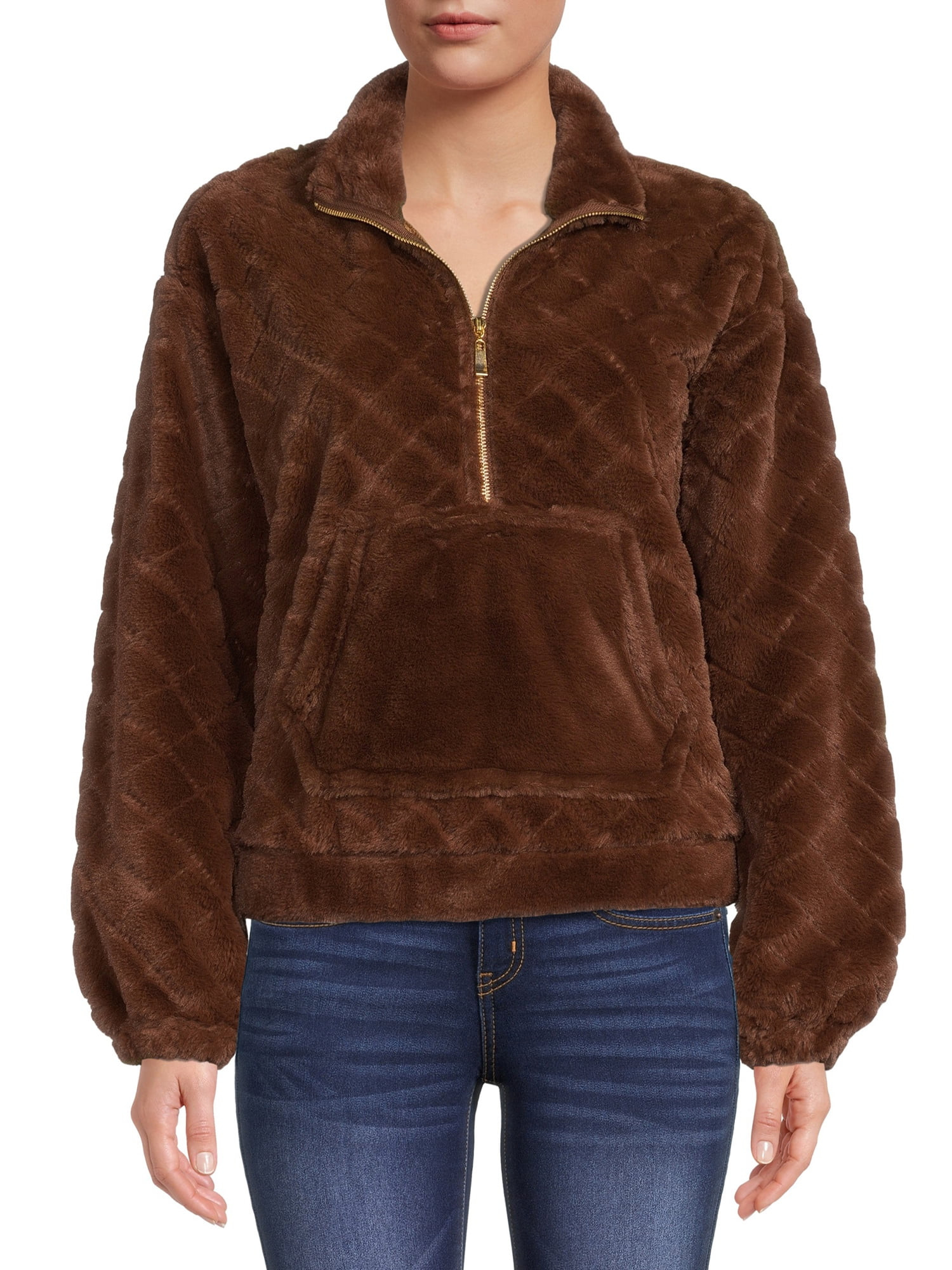 No Boundaries Juniors Quilted Faux Fur Pullover | Walmart (US)