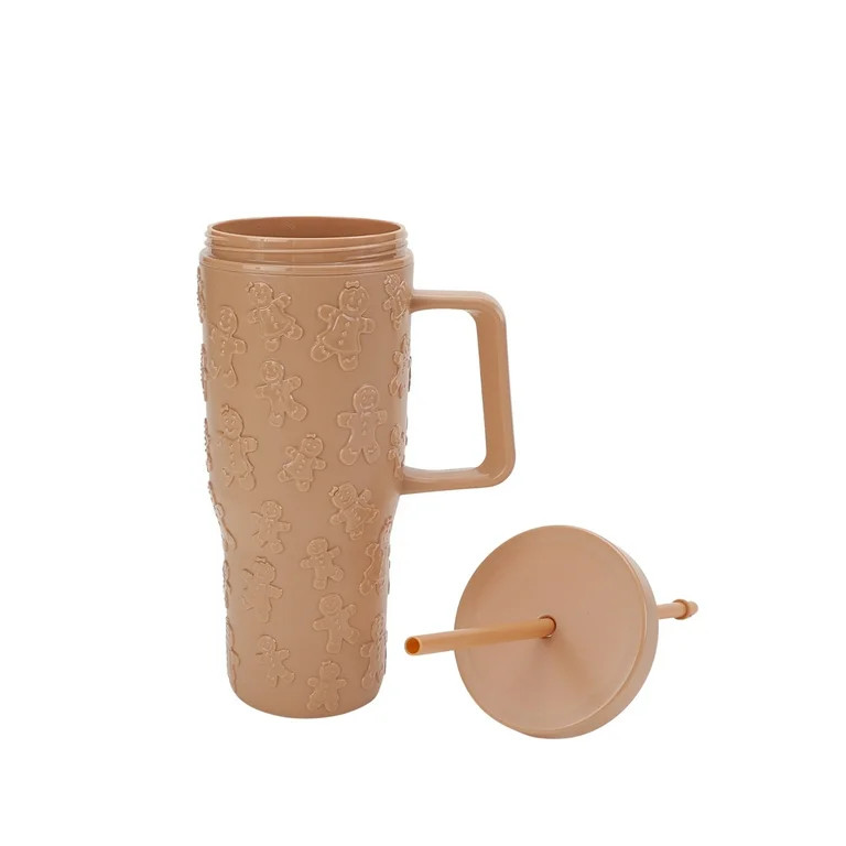 30 Ounce Tan Acrylic Double Wall Embossed Gingerbread Tumbler with Straw and Handle, by Holiday T... | Walmart (US)