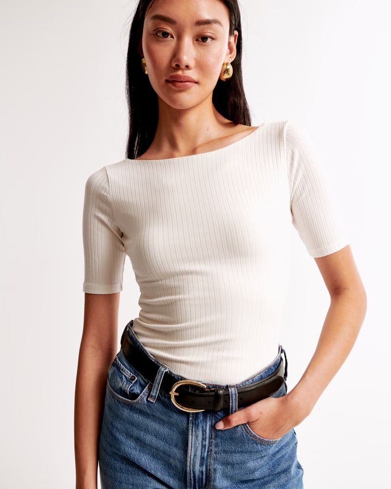 Half-Sleeve Wide Rib Boatneck Top | Abercrombie & Fitch (US)