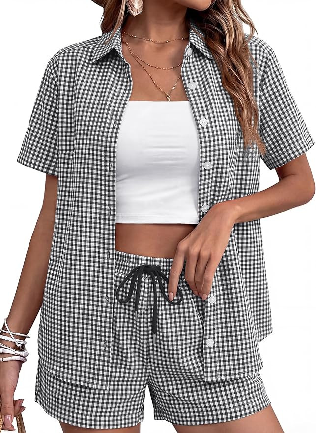 Rapbin Women's 2 Piece Summer Outfits Button Down Short Sleeve Shirt Set, Suitable for Office, Tr... | Amazon (US)