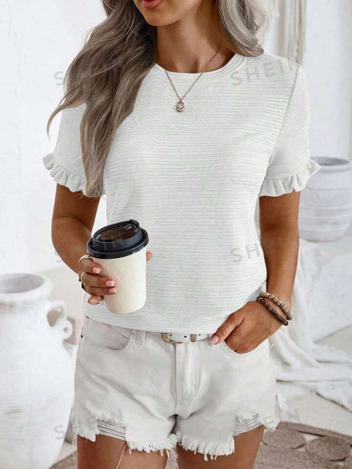 SHEIN LUNE Ladies' Solid Color Ruffle Hem Short-Sleeve Regular Fit T-Shirt, Suitable For Summer | SHEIN