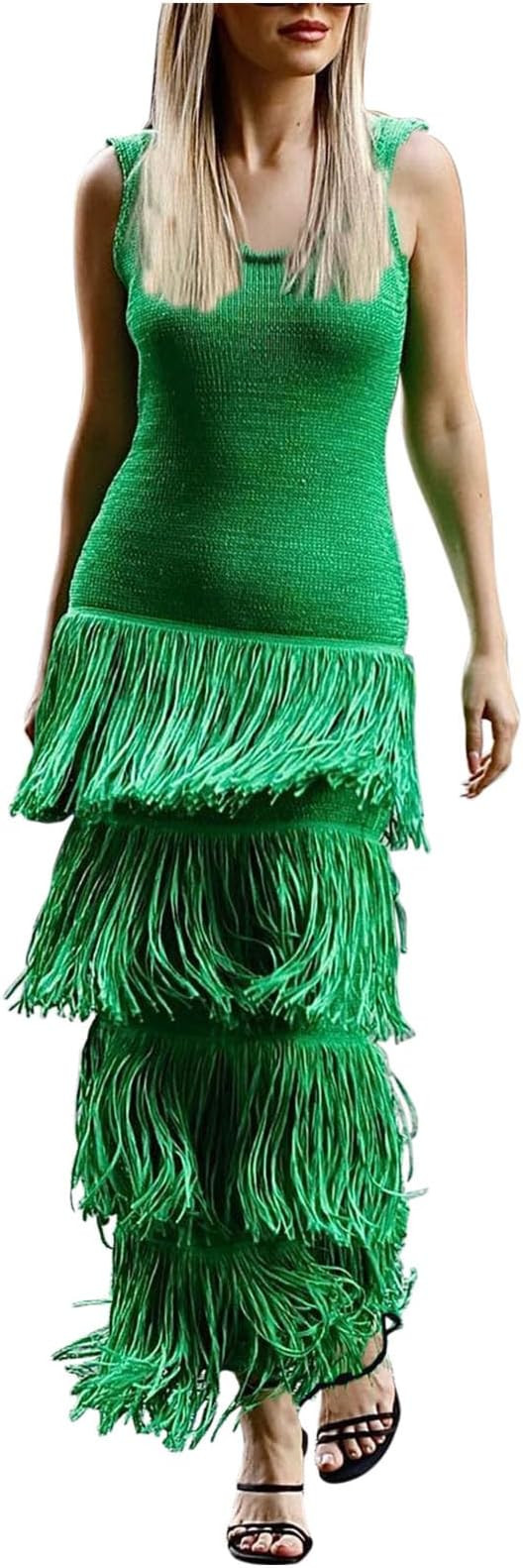 Women Sleeveless Crochet Dress Boat Neck Fringe Tassel Knit Maxi Long Casual Sweater Party Vacati... | Amazon (US)