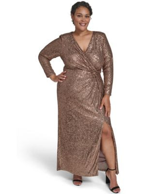 Jessica Howard Plus Size Sequin Twist-Front Long Sleeve Gown - Macy's | Macy's