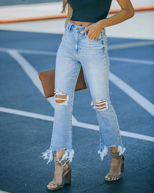Cosmia High Rise Distressed Crop Flare Denim | VICI