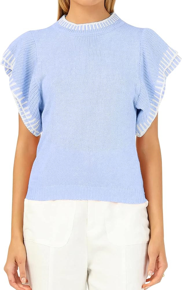 Meladyan Women Ruffle Sleeve Knit Sweater Top Stripe Round Neck Slim Fitted Ribbed Hem Elegant Kn... | Amazon (US)