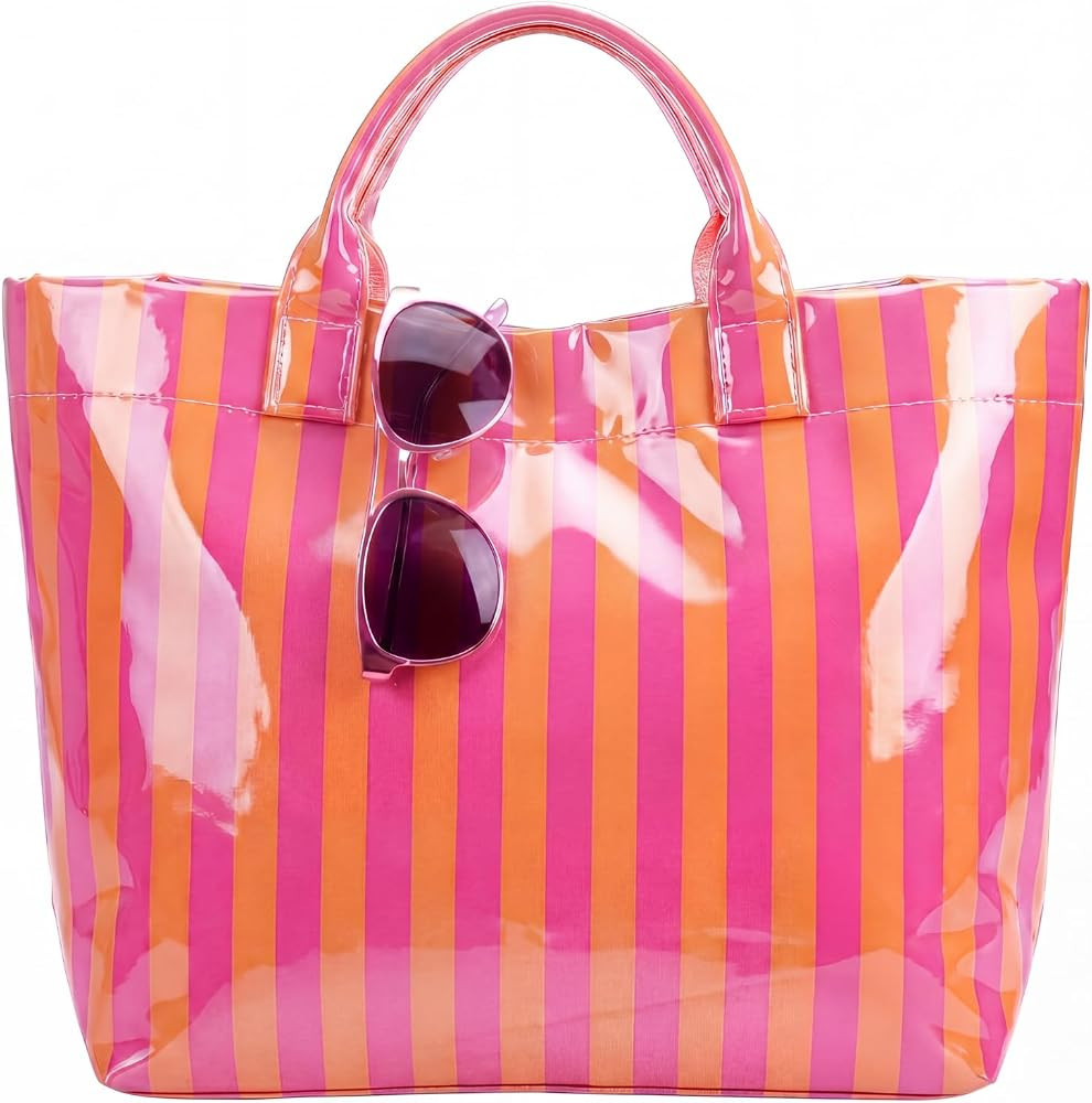 Hsei Striped PVC Tote Bag for Women Portable Large Waterproof Shoulder Handbag Lightweight for Be... | Amazon (US)
