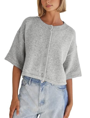 Springrain Cardigan Sweaters for Women Lightweight Knit Cropped Cardigan Button Up Solid Knitwear(LightGrey-M) | Amazon (US)