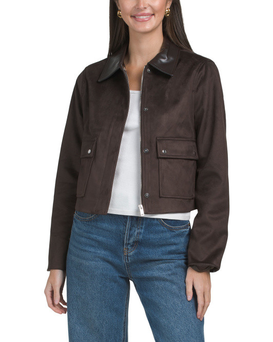 Faux Suede Jacket With Contrast Combo Collar | TJ Maxx